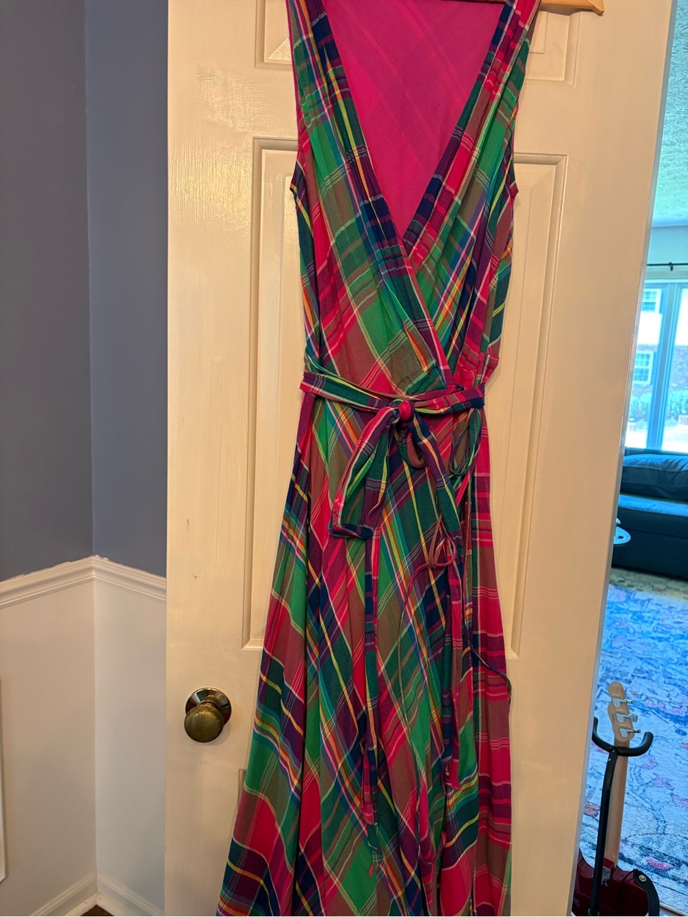 Polo Ralph Lauren Vibrant Plaid Sleeveless Wrap Dress in Pink & Green Sz 14